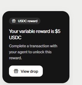 A dark UI card displaying a 'USDC reward' notification stating 'Your variable reward is $5 USDC' with a 'View drop' button.
