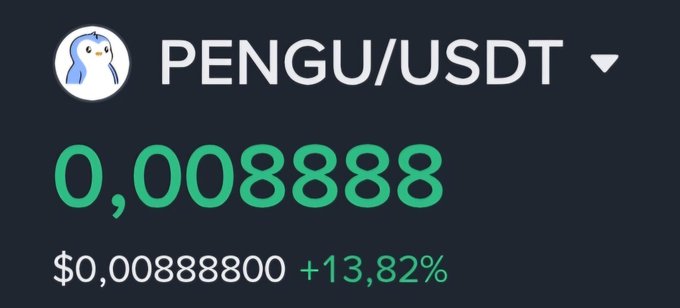 A cryptocurrency price display shows PENGU/USDT trading at 0.00888 ($0.00888800) with a green +13.82% gain.