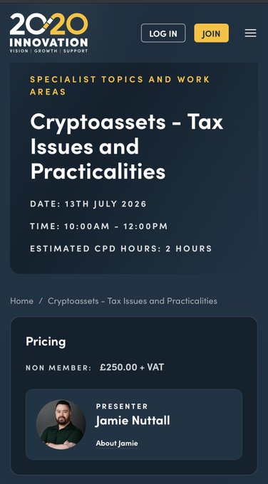 Event page for '2020 Innovation' promoting a specialist session titled 'Cryptoassets – Tax Issues and Practicalities' on 13th July 2026 from 10:00AM–12:00PM, presented by Jamie Nuttall with non-member pricing of £250.00 + VAT.