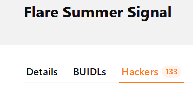 A webpage header titled 'Flare Summer Signal' with navigation tabs for Details, BUIDLs, and a highlighted 'Hackers' tab showing 133.