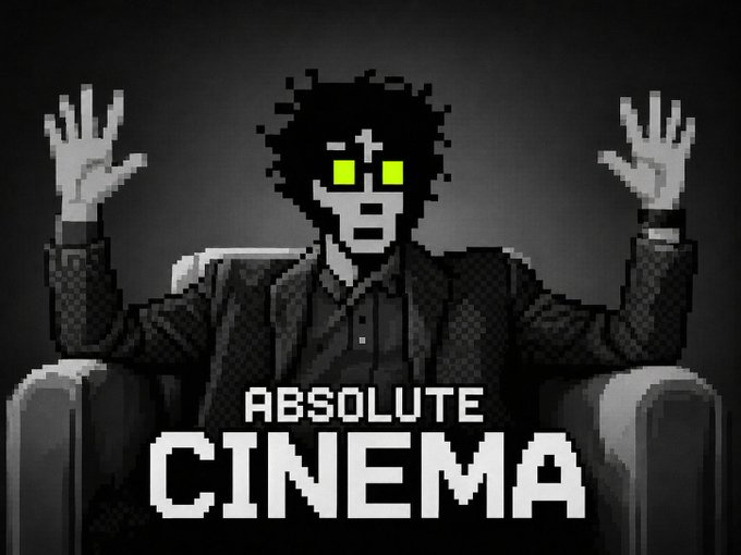 A pixel art image of a dark-haired figure in a suit with glowing yellow eyes and raised hands, with the text 'ABSOLUTE CINEMA' at the bottom.