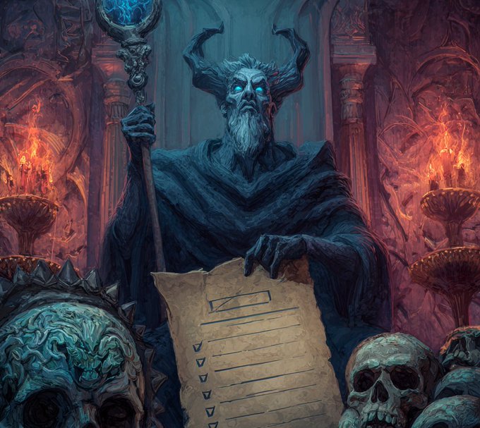 A horned, bearded sorcerer with glowing blue eyes holds a staff and points at a parchment checklist, while skulls and a monstrous dragon-like head sit at his feet. The parchment's empty checkboxes humorously contrast with the post's boastful list of winning crypto "calls," sarcastically framing the trader as an all-knowing oracle whose predictions came true.