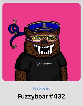 A digital trading card titled 'Fuzzybear #432' showing a cartoon bear wearing a sailor hat and pixel sunglasses on a pink background.