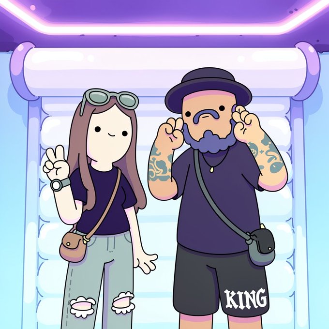 Two cartoon characters stand in a photo booth; the one on the right wears shorts with 'KING' written on them.