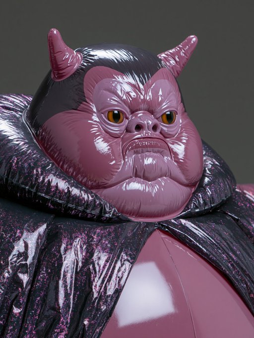 A 3D render features a purple, bat-like creature with pointed ears, fangs, and yellow eyes, wearing a dark hooded cloak against a gray background.