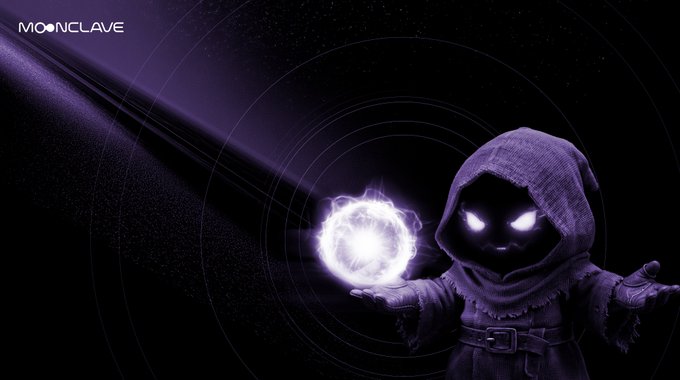 A promotional graphic for Moonclave featuring a hooded figure with glowing purple eyes holding a sphere of purple energy against a dark cosmic background with concentric rings.