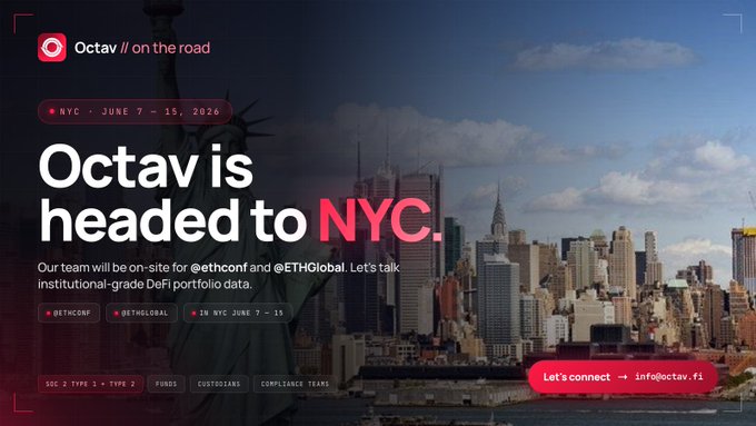 The image features a screenshot of a website called @ethconf that looks like an infographic or advertisement about Octav, a crypto company headed to NYC. The website promotes a connection with the institution's global data for funds, custodians, compliance teams, and more. In addition, it also provides information on the NYC date range from June 7th to 15th. There is no text visible in the image directly related to the post or the URL "https://@ethconf/ETHGlobal?". The main focus is on Octav's visit to NYC and how they are connecting with relevant stakeholders in the city.