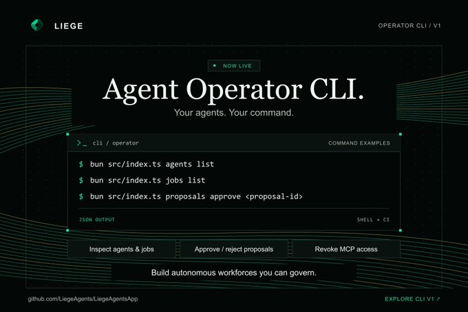 A dark promotional webpage for 'Liege' announcing their 'Agent Operator CLI' with sample commands like 'bun src/index.ts agents list' and 'bun src/index.ts proposals approve <proposal-id>', marked as 'NOW LIVE'.