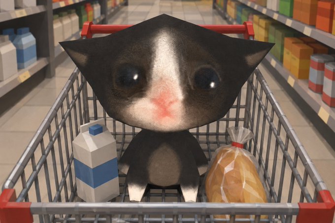 A digitally edited image showing a large cat's head photoshopped onto a small body sitting in a shopping cart alongside a milk carton and a bag of bread in a grocery store aisle.