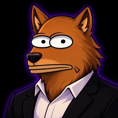 A cartoon illustration of a brown wolf-like character wearing a black suit jacket and white shirt with a purple glowing outline against a dark background.