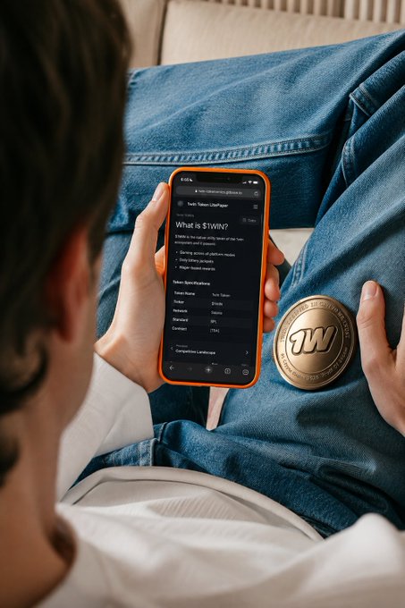A person in jeans sits on a couch holding a smartphone displaying a webpage titled "What is $1WIN?" with token information for "1win Token," while a gold $1WIN branded coin rests on their lap, visually reinforcing the post's enthusiasm for the updated 1win tokenomics.