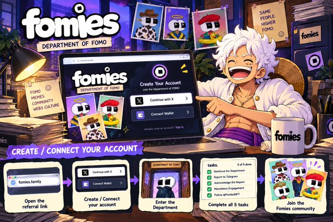 Promotional graphic for "fomies - Department of FOMO" showing a sign-up process with steps like 'Open the referral link,' 'Create / Connect your account,' 'Enter the Department,' 'Complete all 5 tasks,' and 'Join the Fomies community,' featuring an anime-style character and NFT mascots.