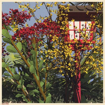 A red wooden birdhouse on a post stands among blooming yellow forsythia and red flowering branches under a clear blue sky.