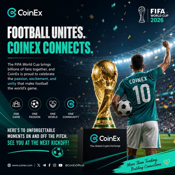 A promotional poster from CoinEx celebrating their partnership with the FIFA World Cup 2026, featuring a soccer player in a "COINEX 10" jersey celebrating with the World Cup trophy alongside the slogan "FOOTBALL UNITES. COINEX CONNECTS." This visual ties into the post congratulating Spain on their World Cup victory while promoting CoinEx's crypto trading platform, with the tagline "More Than Trading. Building Connections." and website www.coinex.com.