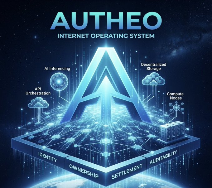 A promotional graphic for 'AUTHEO INTERNET OPERATING SYSTEM' featuring a large stylized 'A' logo above interconnected networks labeled with features like 'AI Inferencing,' 'Decentralized Storage,' 'Compute Nodes,' and 'API Orchestration,' with a foundation labeled 'IDENTITY, OWNERSHIP, SETTLEMENT, AUDITABILITY.'