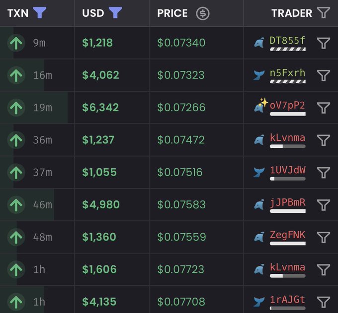 A dark trading table showing TXN transactions with USD amounts ranging from $1,055 to $6,342 and prices between $0.07266 and $0.07723 from various anonymous traders.