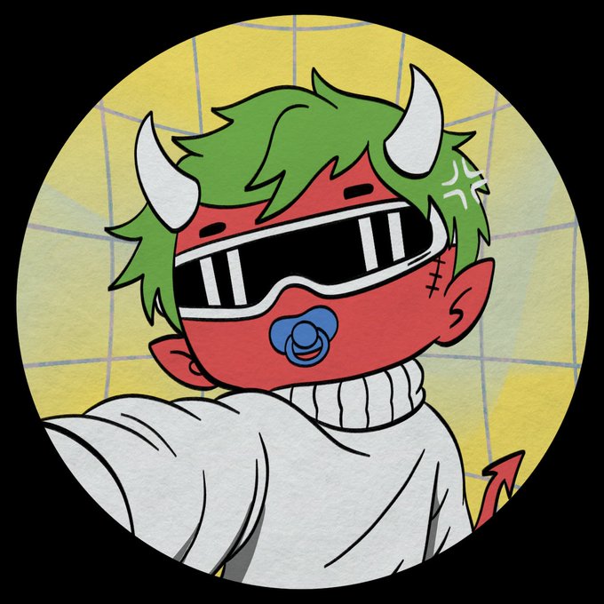 A cartoon illustration of a red-skinned demon character with green hair, white horns, a pacifier, and black visor glasses, set against a yellow grid background.