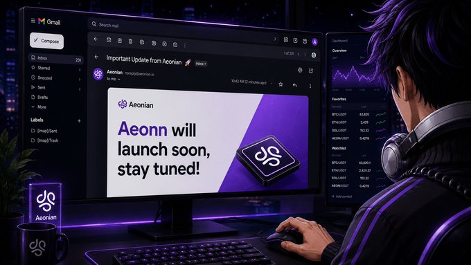 An AI-generated image of a person using Gmail showing an 'Important Update from Aeonian' email announcing 'Aeonn will launch soon, stay tuned!' alongside a cryptocurrency dashboard.