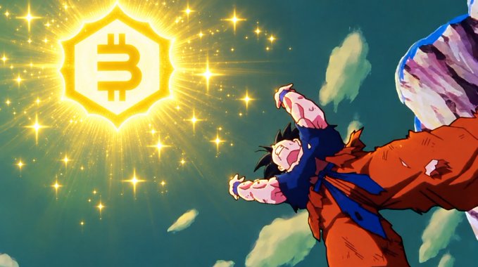 A muscular anime character in an orange gi flies dramatically toward a glowing Bitcoin symbol surrounded by stars, while the post references Wei Dai's "b-money" proposal of 1998, which is widely considered a precursor to Bitcoin.