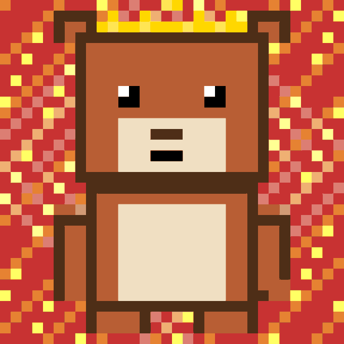 The image features a cute brown bear character, which appears to be a type of digital cartoon or pixel art style. The bear stands upright, looking forward with an expression that seems to be smiling for the camera, giving off a friendly vibe. The bear is centrally placed in the frame and surrounded by a vibrant red background filled with scattered orange dots, creating a warm and lively atmosphere. Additionally, there's text above and below the image which reads "REKT BEARS mint is opening soon. 10,000 pixel bears on a bonding curve. Burn to earn eth. No hidden fees. Everything on-chain. Notis on".