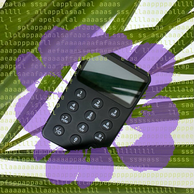 The image shows a black feature phone with a numeric keypad (1-9, 0, #, *) and a small screen, resting on a green palm leaf and overlaid with a purple floral pattern and pixelated text.

The Morse code "--. --   ... - .-.--   ... .- ..-. ..-." translates to "G M   S T !   S A F U" — matching the phonetic rhythm of "GSM, S-Tay Safe" or "Stay Safe," a fitting message for a mobile phone.