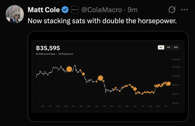A tweet from Matt Cole (@ColeMacro) of Strive reads "Now stacking sats with double the horsepower," accompanied by a Bitcoin accumulation chart showing a balance of ₿35,595 valued at $2.928M across 38 transactions from June through October, illustrating the company's growing BTC holdings.