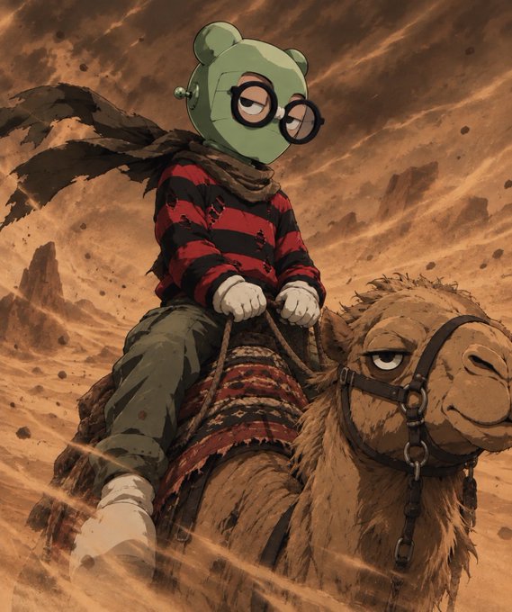 An anime-style illustration shows a character wearing a green bear-like helmet with round glasses, a red and black striped sweater, riding a camel through a dusty desert landscape.