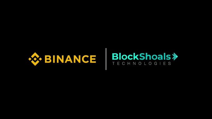 A black background displaying the Binance logo (yellow) next to the BlockShoals Technologies logo (teal and white), separated by a vertical line.