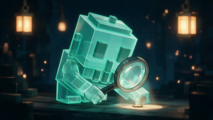 A digital illustration of a translucent teal robot or creature crouching and examining a small object with a magnifying glass in a dimly lit, atmospheric setting.