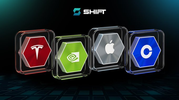 The image features four different icons representing various companies or assets, including Apple, Tesla, and Microsoft. The icons are displayed against a black background with white text that reads "SHIFT" at the top of the image. This suggests that the image is related to a ShiftRWA-themed post or discussion about leveraging asset ecosystems in tokenized asset pools.