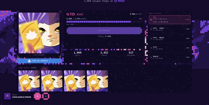 Screenshot from ROAD showing 'CHOG WORLD ORDER' NFT details for the GTD collection, displaying 1,969 minted of 1,484 allotted with various mint stages and PCG9 rankings.
