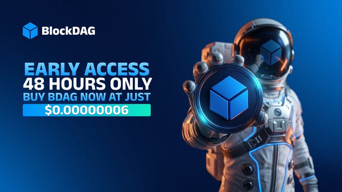 An astronaut figure holds a BlockDAG (BDAG) coin on a blue background, with promotional text offering "EARLY ACCESS 48 HOURS ONLY" to buy BDAG at $0.00000006, matching the post's emphasis on a limited-time presale opportunity with 132× ROI potential.