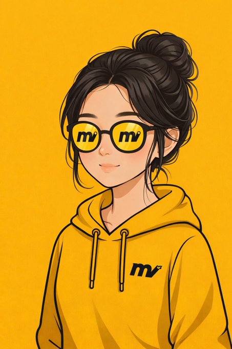 An anime-style illustration of a girl with a black hair bun, wearing yellow 'mv' logo sunglasses and a matching yellow 'mv' hoodie against a yellow background.