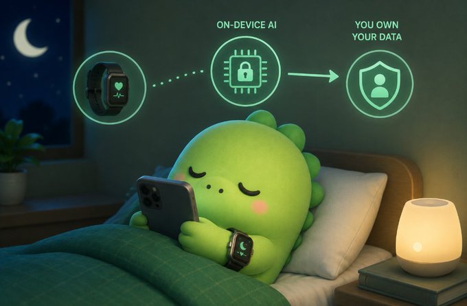 A cute green cartoon dinosaur in bed uses a smartphone and smartwatch, with graphics illustrating 'ON-DEVICE AI' and 'YOU OWN YOUR DATA' for privacy features.