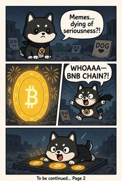 A comic strip featuring a black and white doge character mourning the death of memes, looking shocked at a Bitcoin coin ('WHOAAA—BNB CHAIN?!'), and finally excitedly jumping on gold coins. The final panel reads 'To be continued...Page 2'.