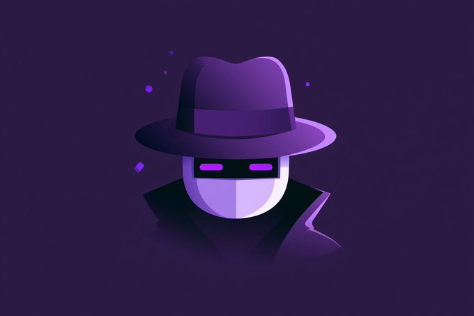 A purple-themed digital illustration of a mysterious figure wearing a fedora and a face mask, set against a dark purple background with small particle effects.