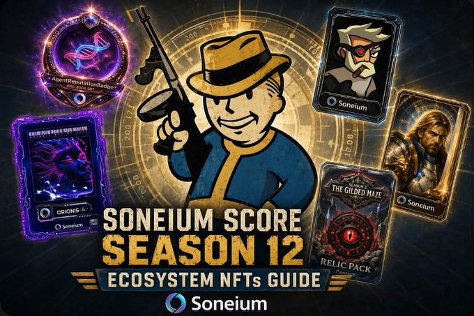 A promotional graphic for the Soneium blockchain, featuring the Vault Boy character from the Fallout series alongside various digital trading cards and badges, with the headline 'SONEIUM SCORE SEASON 12 ECOSYSTEM NFTs GUIDE'.