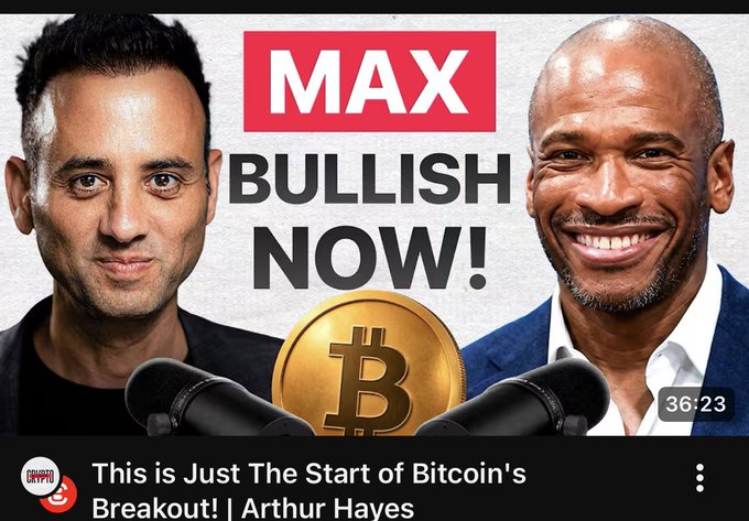 This image appears to be a YouTube thumbnail for a podcast episode featuring Arthur Hayes, with text reading "MAX BULLISH NOW!" and "This is Just The Start of Bitcoin's Breakout! | Arthur Hayes," alongside a Bitcoin logo. The accompanying post humorously references Arthur Hayes' alleged quick flip of ETH from $1800 to $2300, contrasting his optimism about Bitcoin in the thumbnail with the implication he may have missed gains by selling too early.