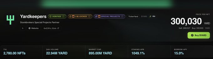 The image shows a dashboard for "Yardkeepers," a verified token and Stonebrokers Special Projects Partner, displaying a price of 300.030 YARD per NFT and a staking APY of 1049.1%, which highlights the high rewards for staking as mentioned in the post encouraging users to stake their Yardkeeper NFTs on Anvil for $YARD rewards.