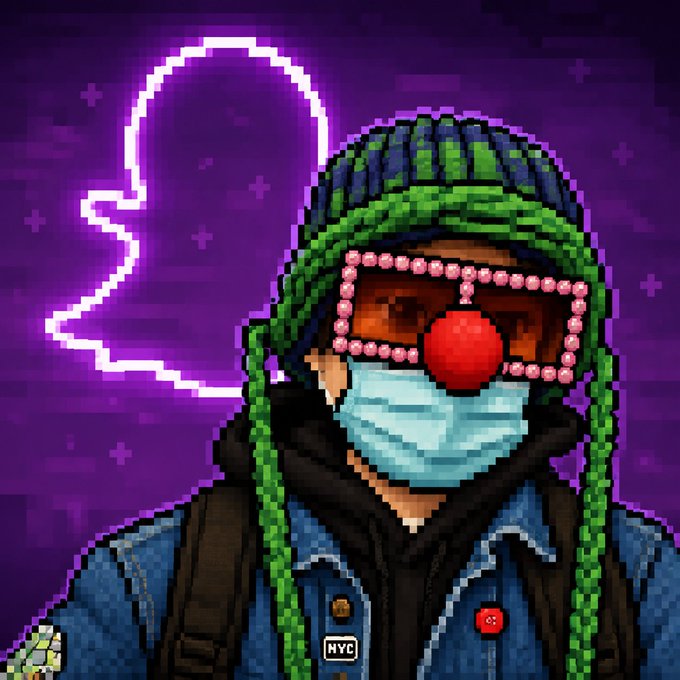 A pixel art illustration of a person wearing a green beanie, pink-framed sunglasses with rhinestones, a red clown nose, and a face mask, with a neon purple skull outline behind them.