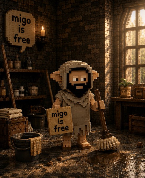 A voxel/Minecraft-style bearded character in a rustic room holding a sign that reads 'migo is free', with a matching pixelated speech bubble on the wall, holding a mop.