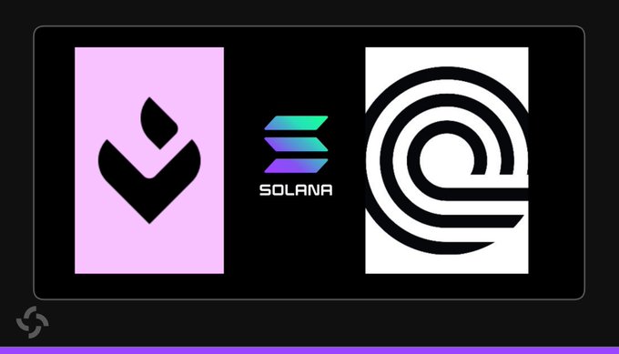 A graphic displaying the logo for LIFI (a pink square with black downward arrow/diamond shape) alongside the "SOLANA" logo and its characteristic teal-to-purple striped icon, flanking a large black "@" symbol on a white background. The image visually represents the integration between LI.FI protocol and the Solana blockchain, highlighting the expansion of tokenized stocks and ETFs across Solana's ecosystem.