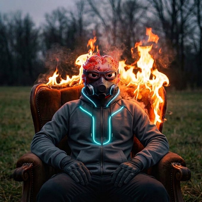 A person sits in a leather armchair in an open field, wearing a gas mask, red helmet, and a hoodie with glowing cyan accents, while flames rise dramatically behind the chair.