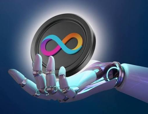 A robotic white hand holding up a black coin featuring a colorful infinity symbol logo.