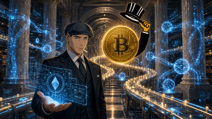 An anime-style illustration of a man in a suit and flat cap holding a Bitcoin coin in one hand and a holographic Ethereum interface in the other, set in a library-like environment with glowing blue DNA strands.