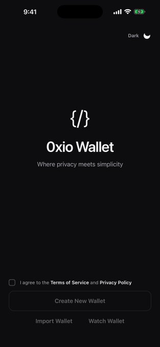 A mobile app screenshot of 'Oxio Wallet' with the tagline 'Where privacy meets simplicity' on a dark background, showing options to agree to Terms of Service and Privacy Policy, with buttons for 'Create New Wallet', 'Import Wallet', and 'Watch Wallet'.