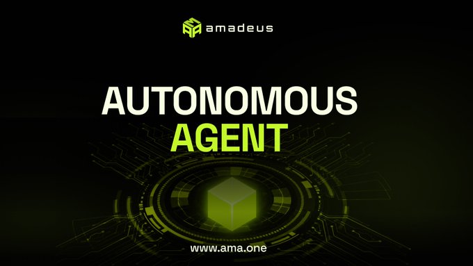 A black and green promotional graphic with the Amadeus logo, displaying the text 'AUTONOMOUS AGENT' and the website 'www.ama.one' over a glowing digital cube design.