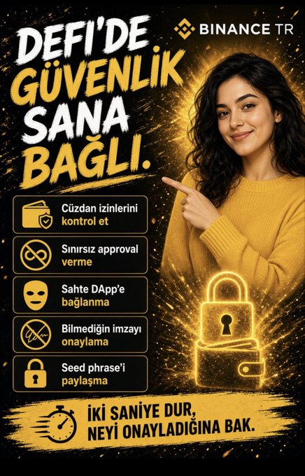 The image is a Binance TR (Turkey) security awareness ad featuring a smiling young woman in a yellow sweater pointing at the Turkish text "DEFI'DE GÜVENLİK SANA BAĞLI." (Security in DeFi is up to you), alongside a checklist of safety warnings—including controlling wallet permissions, avoiding sneaky approvals, fake DApps, unknown signatures, and sharing seed phrases—reinforced by a large padlock icon and the call-to-action "İKİ SANİYE DUR, NEYİ ONAYLADIĞINA BAK" (Pause two seconds, check what you're approving), which directly supports the post's message about taking DeFi security seriously before mistakes happen.