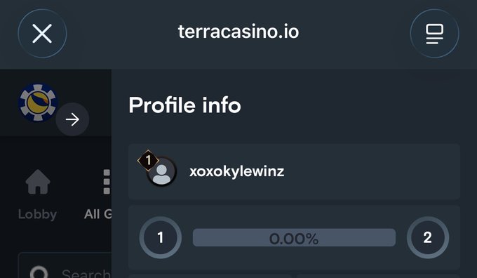 A screenshot from terracasino.io showing a profile info page with the username 'xoxokylewinz' and a 0.00% progress bar between levels 1 and 2.