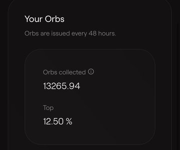 A dark app interface titled 'Your Orbs' indicating that orbs are issued every 48 hours, showing 13265.94 orbs collected and a top rate of 12.50%.